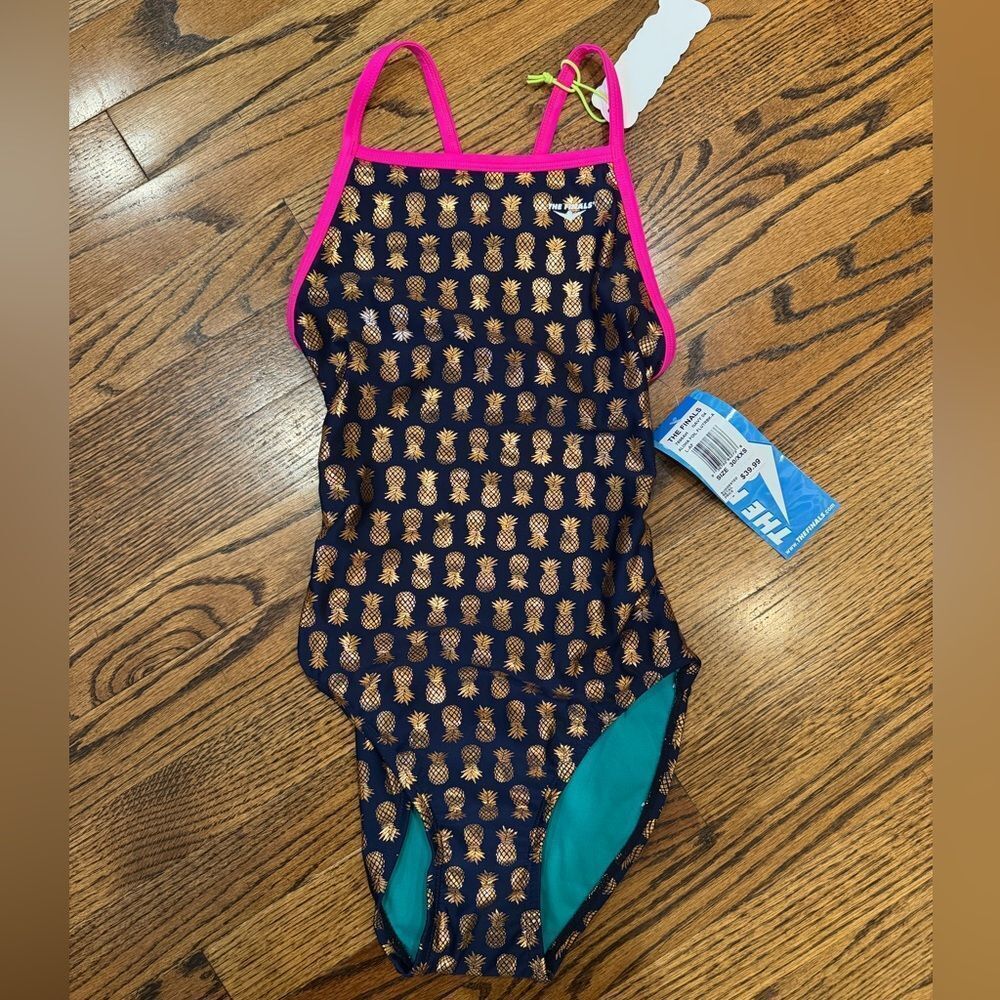 NWT New THE FINALS Racing Swimsuit Aloha Navy Gold Metallic Pineapples Sz 30 4